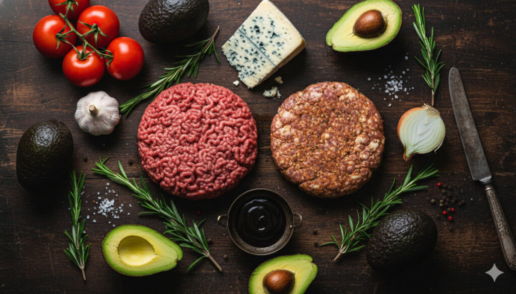 Overhead rustic shot of burger ingredients on a dark wood table, featuring ground beef, Italian sausage, fresh rosemary, blue cheese, avocado, and garlic.