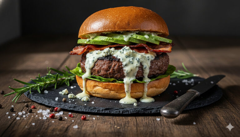 A juicy Blue Cheese & Avocado Burger on a rustic bun.