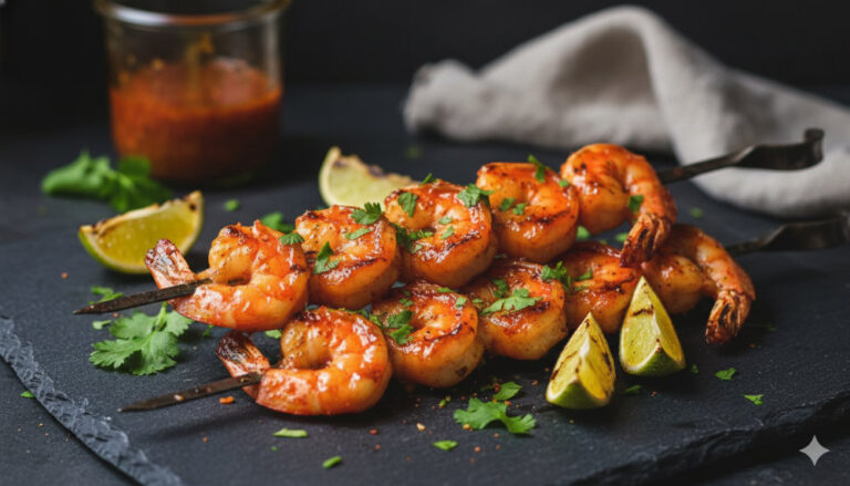 Close-up of grilled shrimp skewers glazed with chipotle and honey, served on a dark slate platter with lime wedges and cilantro.
