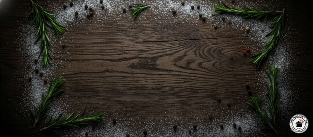 Top-down view of a dark, distressed oak wood surface with scattered rosemary sprigs, peppercorns, and flour dust. The center is empty and dark, creating a moody, rustic texture background.