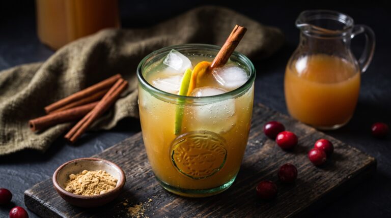 A glass of ice-filled apple-colored punch garnished with an orange twist and a cinnamon stick, on a wood board with cinnamon sticks, cranberries, a bowl of ground spice, and a pitcher of juice nearby.