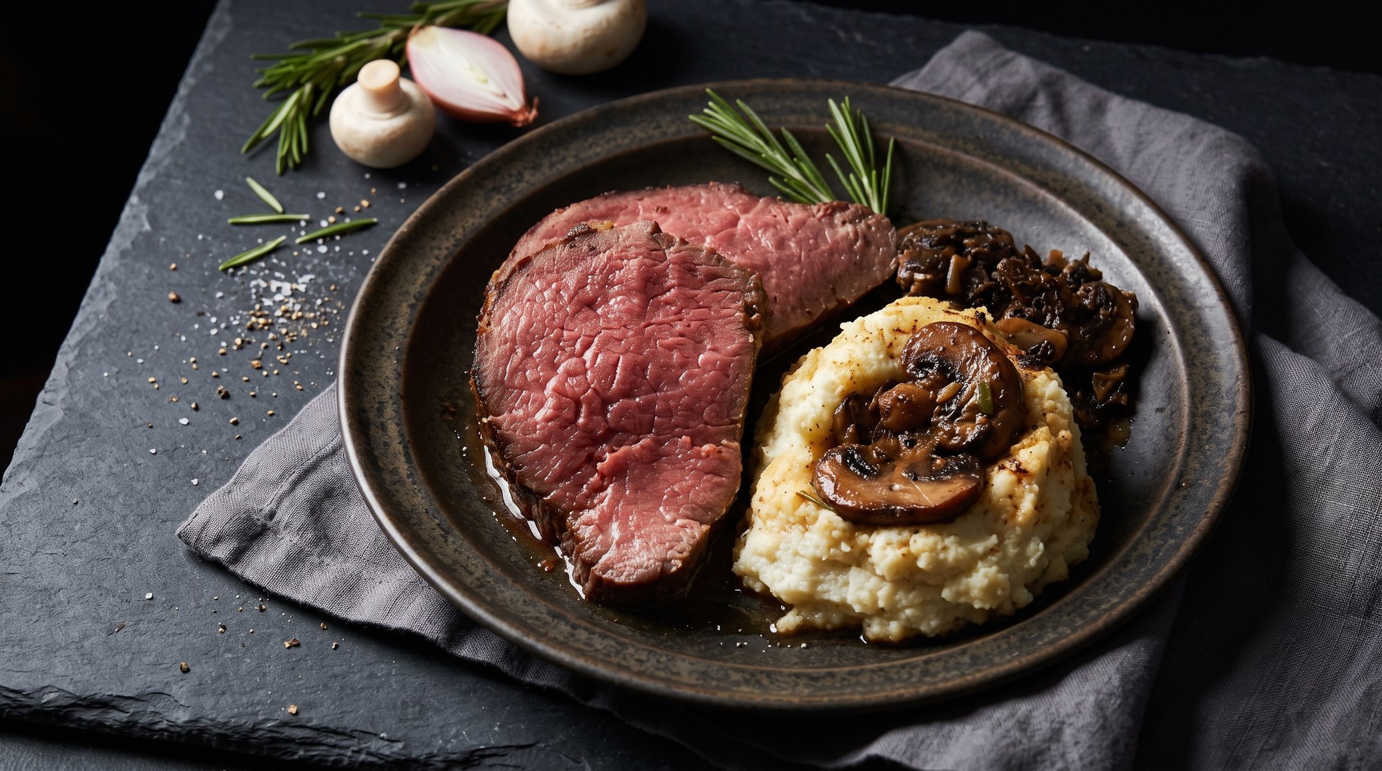 Sliced medium-rare beef tenderloin on a dark plate with mashed potatoes topped with sautéed mushrooms, a rosemary sprig, and shallots and mushrooms on the side.