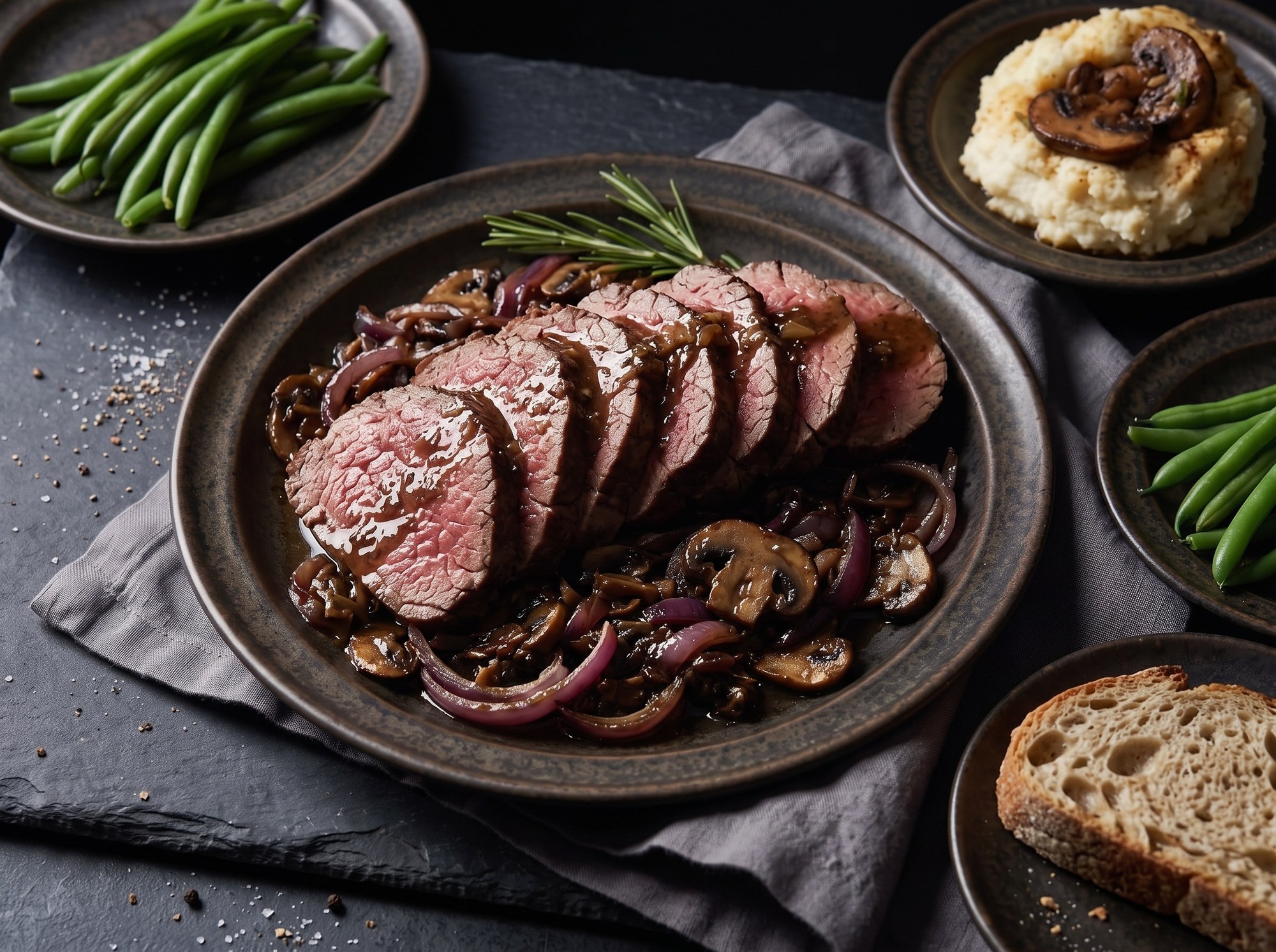 Sliced medium-rare beef tenderloin with mushrooms and red onion sits on a dark plate, alongside green beans, mashed potatoes topped with mushrooms, and a slice of bread.