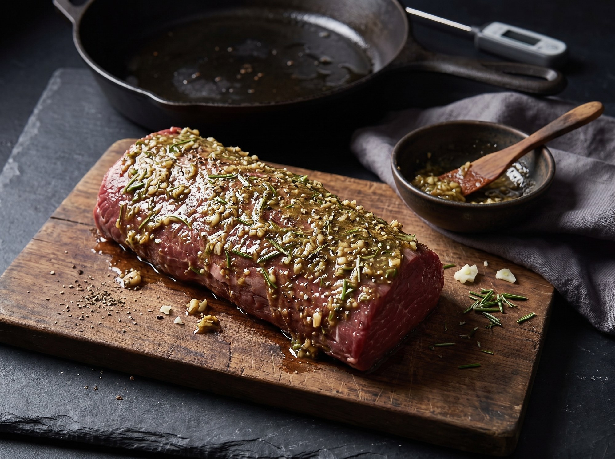 Raw beef tenderloin coated in a garlic-rosemary paste on a wooden board, with a cast iron skillet and a bowl of marinade nearby.