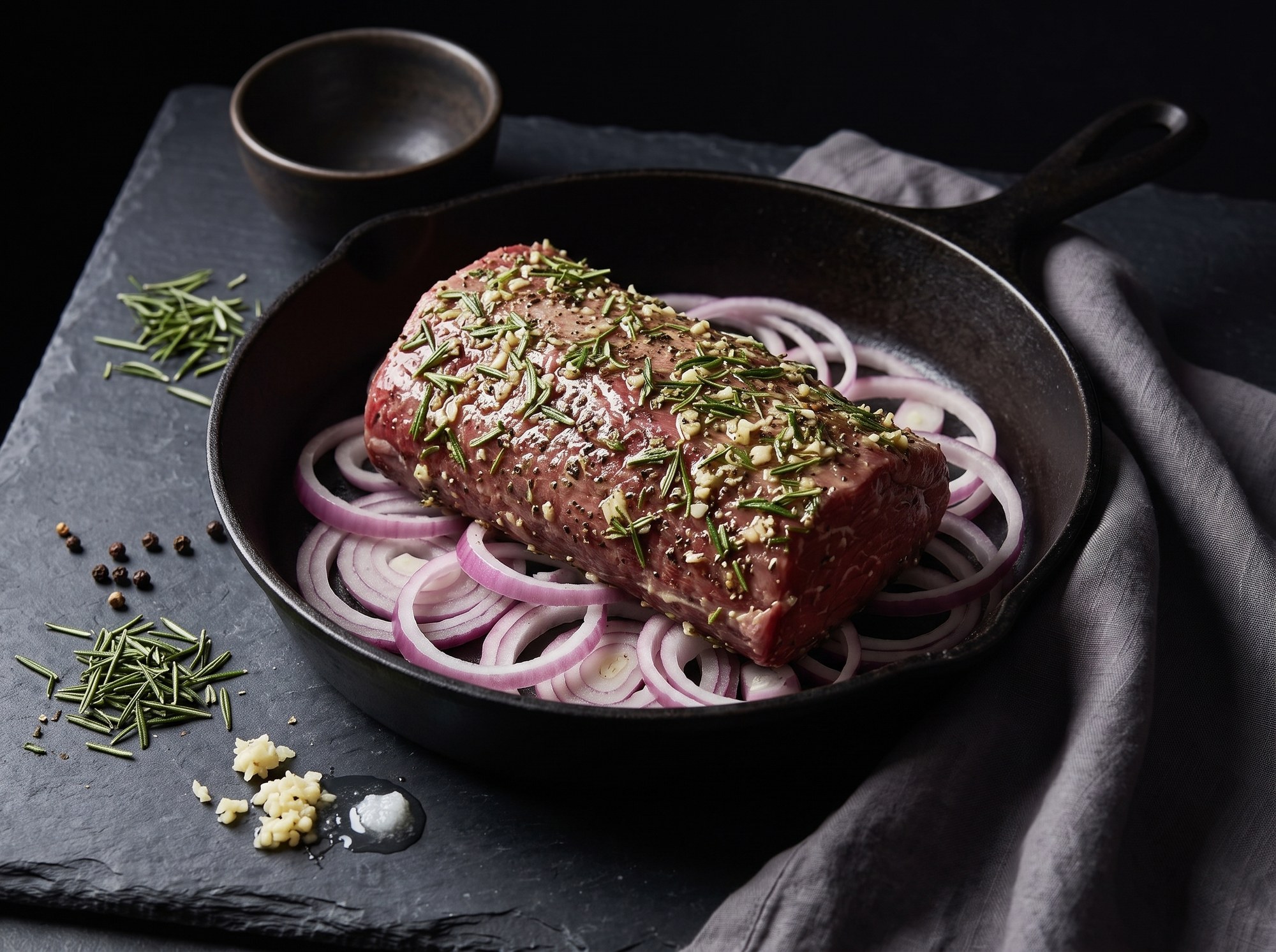 A raw beef tenderloin coated with chopped rosemary and minced garlic rests on a bed of sliced red onions in a cast iron skillet, with rosemary sprigs and peppercorns scattered on the slate surface nearby.