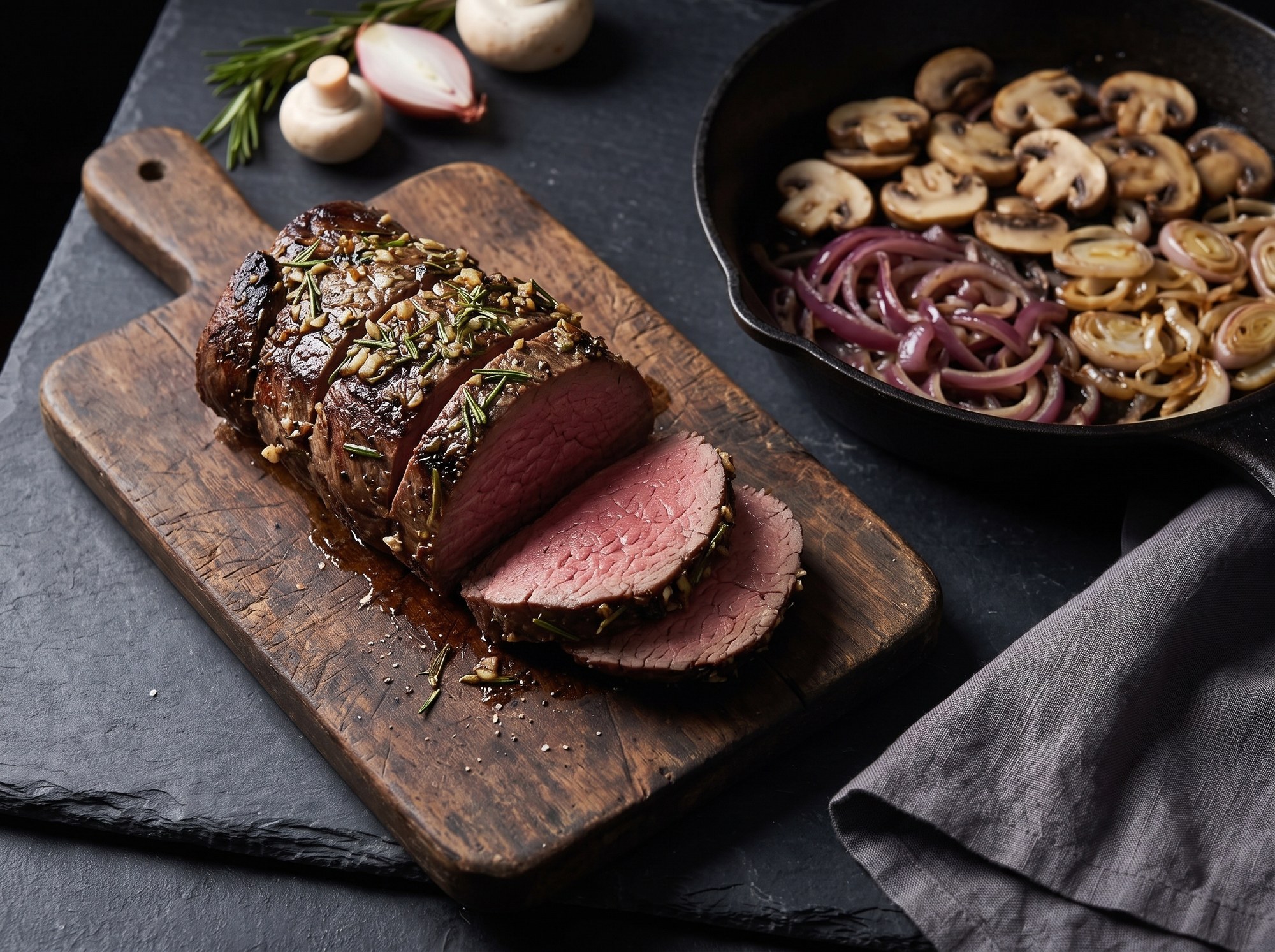 Sliced beef tenderloin with a pink center on a wooden cutting board, herb-crusted and garlic-topped, beside a skillet of sautéed mushrooms, red onion, and shallots.