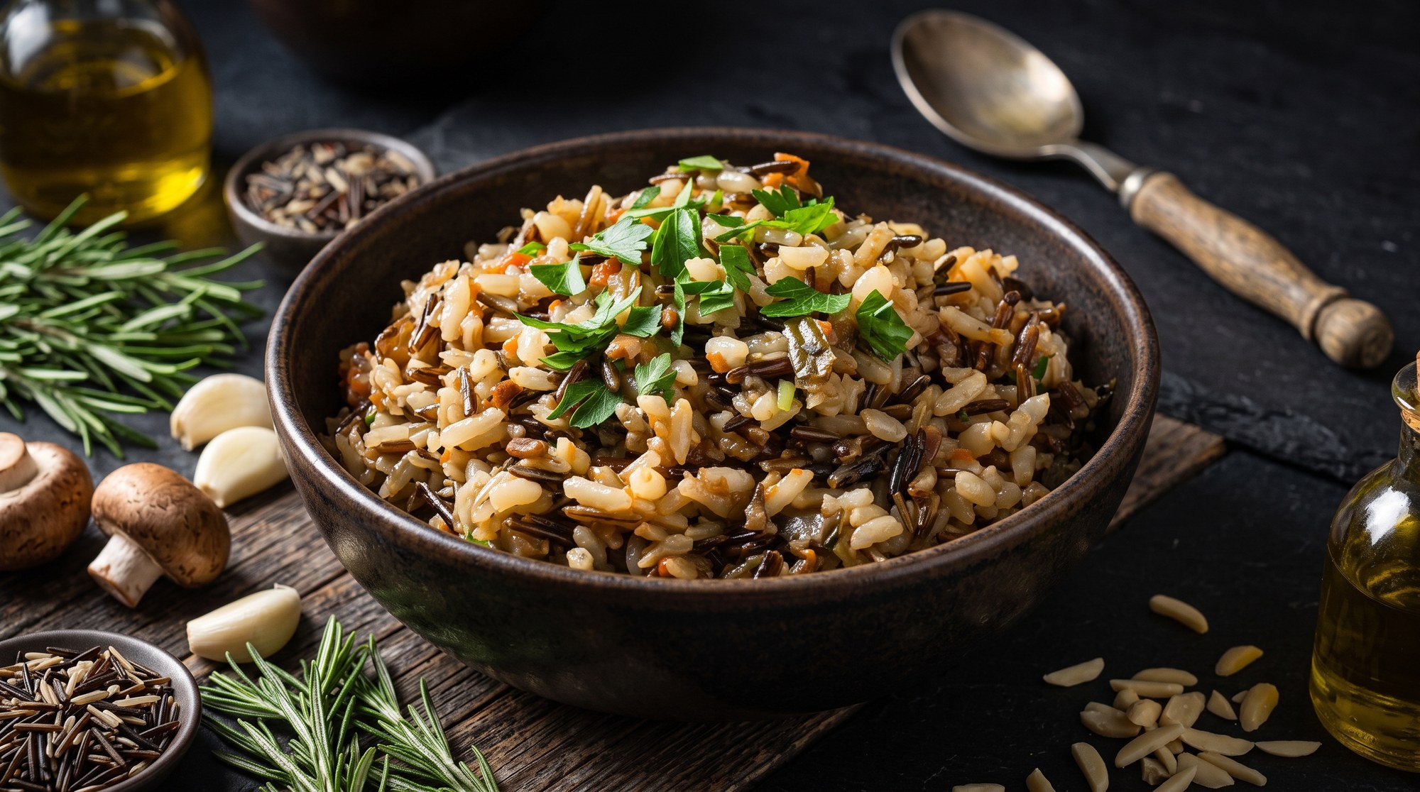 A dark bowl of wild rice pilaf with mushrooms, flecked with carrots and topped with chopped parsley, surrounded by garlic, rosemary, and almonds on a wooden board.