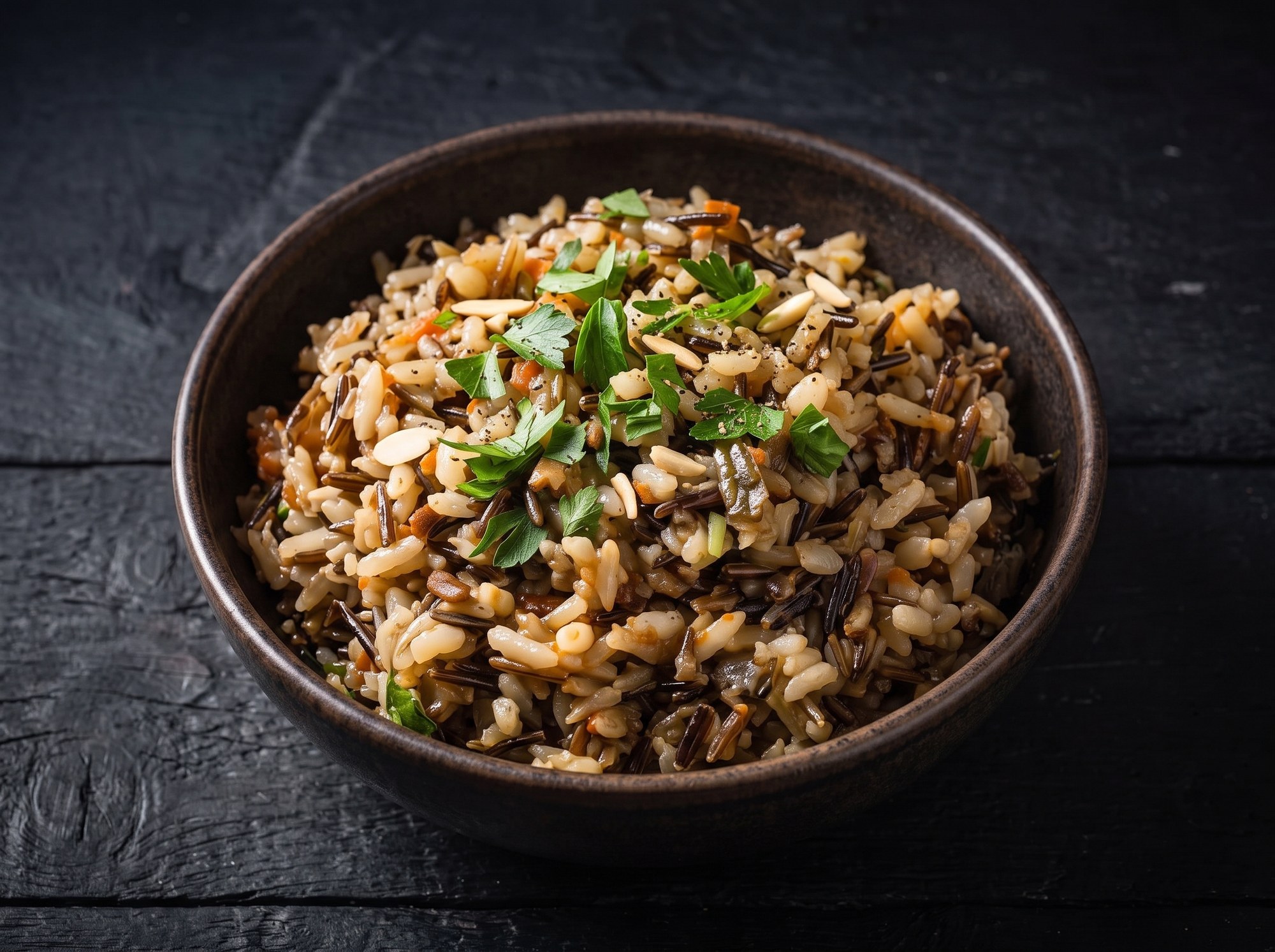 A dark bowl filled with wild rice pilaf mixed with diced carrots, topped with chopped parsley, slivered almonds, and cracked black pepper.