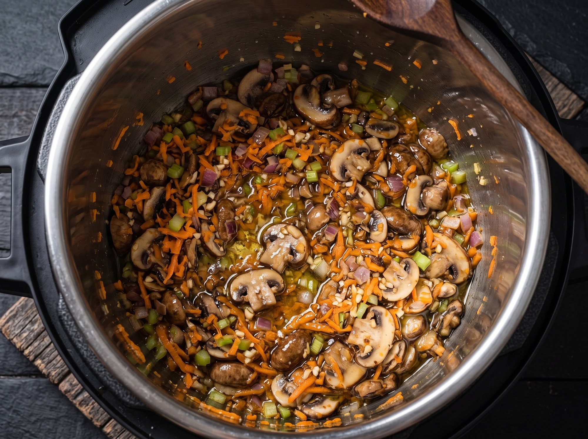 Sliced mushrooms, grated carrot, diced celery, and red onion sautéing in glossy liquid inside a stainless steel Instant Pot insert, with a wooden spoon resting at the edge.