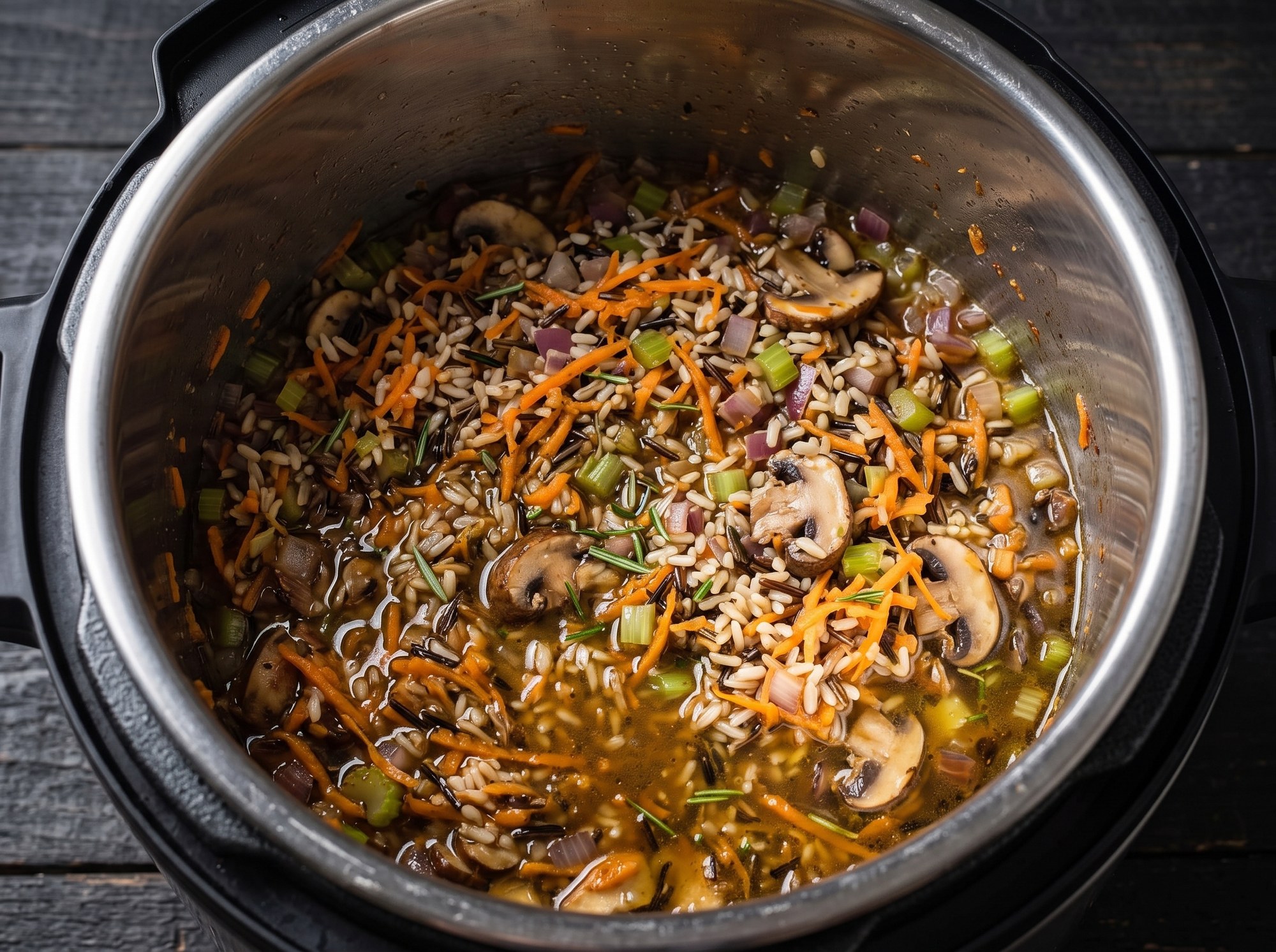 Wild rice, shredded carrots, celery, red onion, and sliced mushrooms mixed with broth and rosemary in an Instant Pot insert.