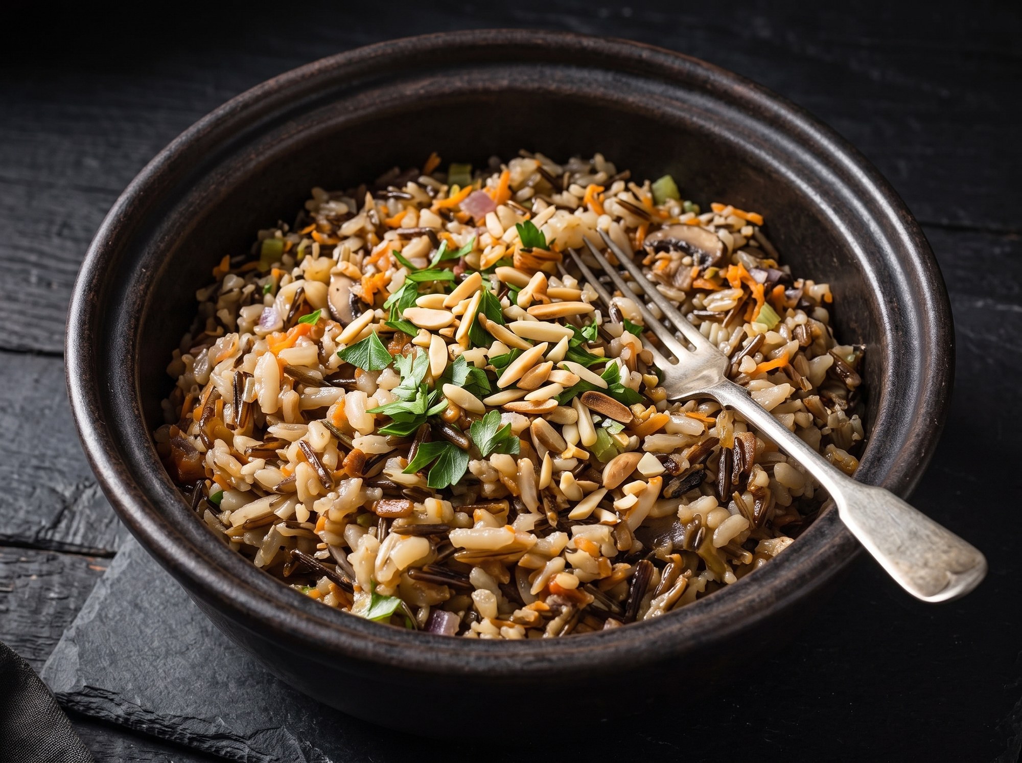 A dark bowl of wild rice pilaf with carrots, mushrooms, and herbs, topped with chopped parsley and slivered almonds, with a fork resting in the bowl.