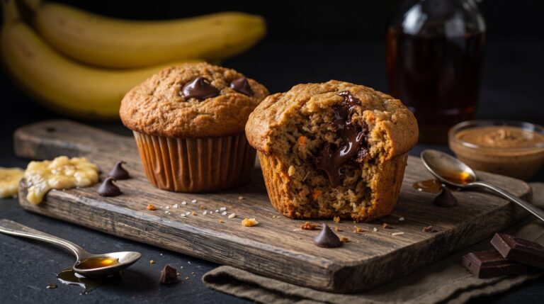 Two banana muffins on a wood board, one split open showing melted chocolate chunks, with whole bananas, chocolate chips, a bowl of nut butter, and a bottle of syrup nearby.