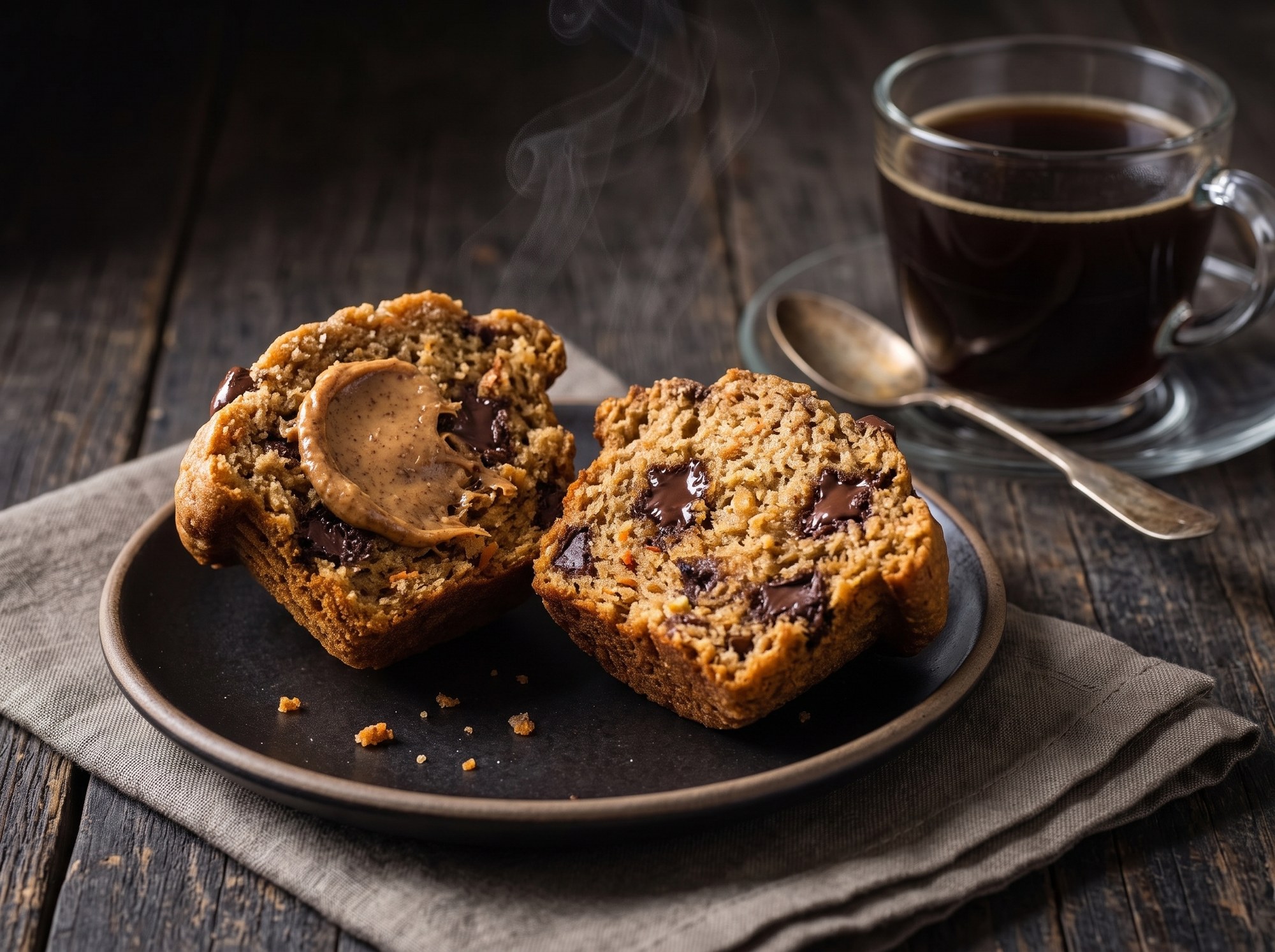 A split muffin studded with chocolate chunks sits on a dark plate, one half spread with almond butter, steam rising, beside a spoon and a glass cup of black coffee.