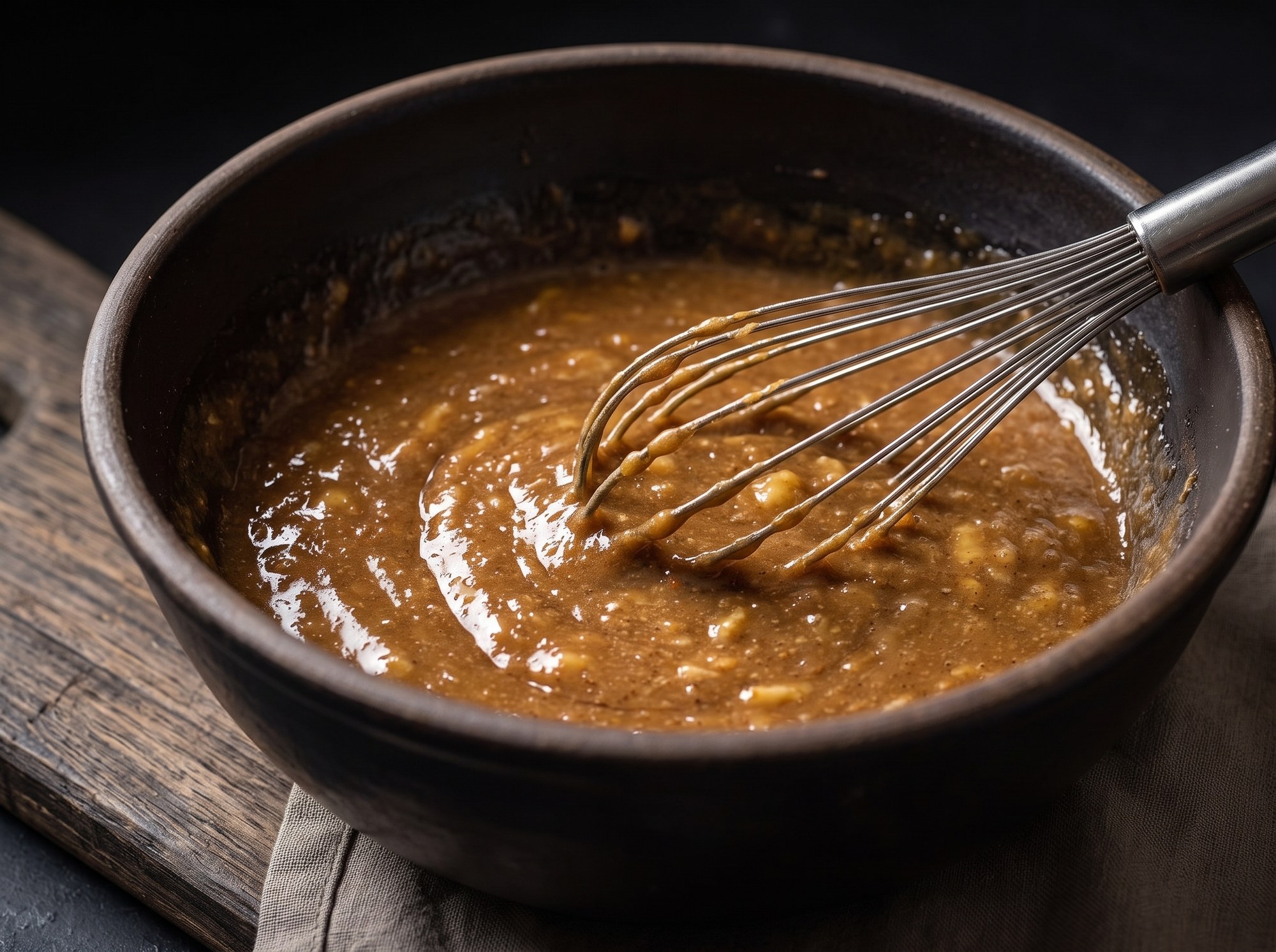 A whisk rests in a dark bowl of glossy brown banana-almond butter batter, set on a wooden board.
