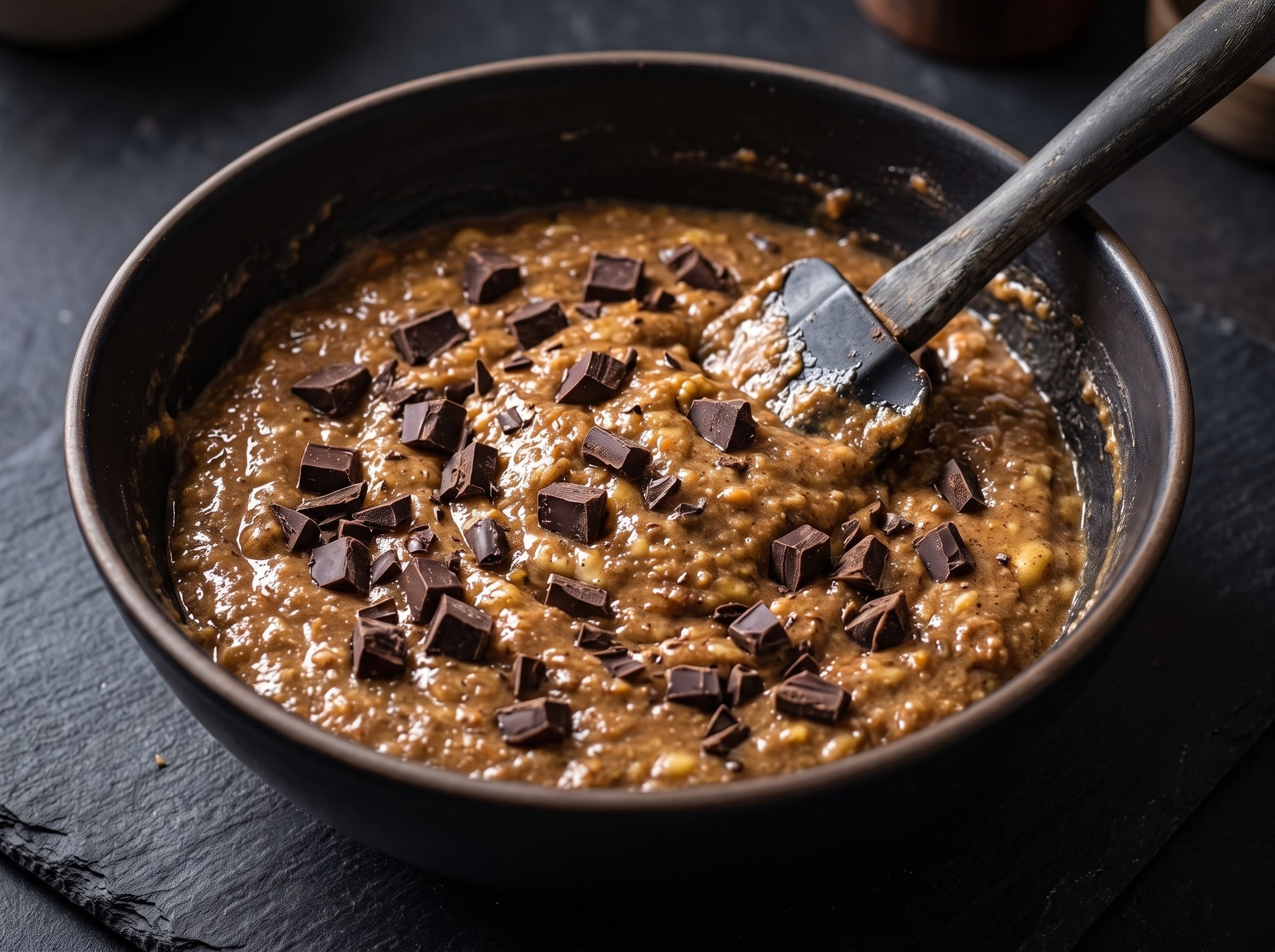 A dark bowl of banana batter studded with chopped chocolate chunks, with a spatula resting inside, set on a dark slate surface.