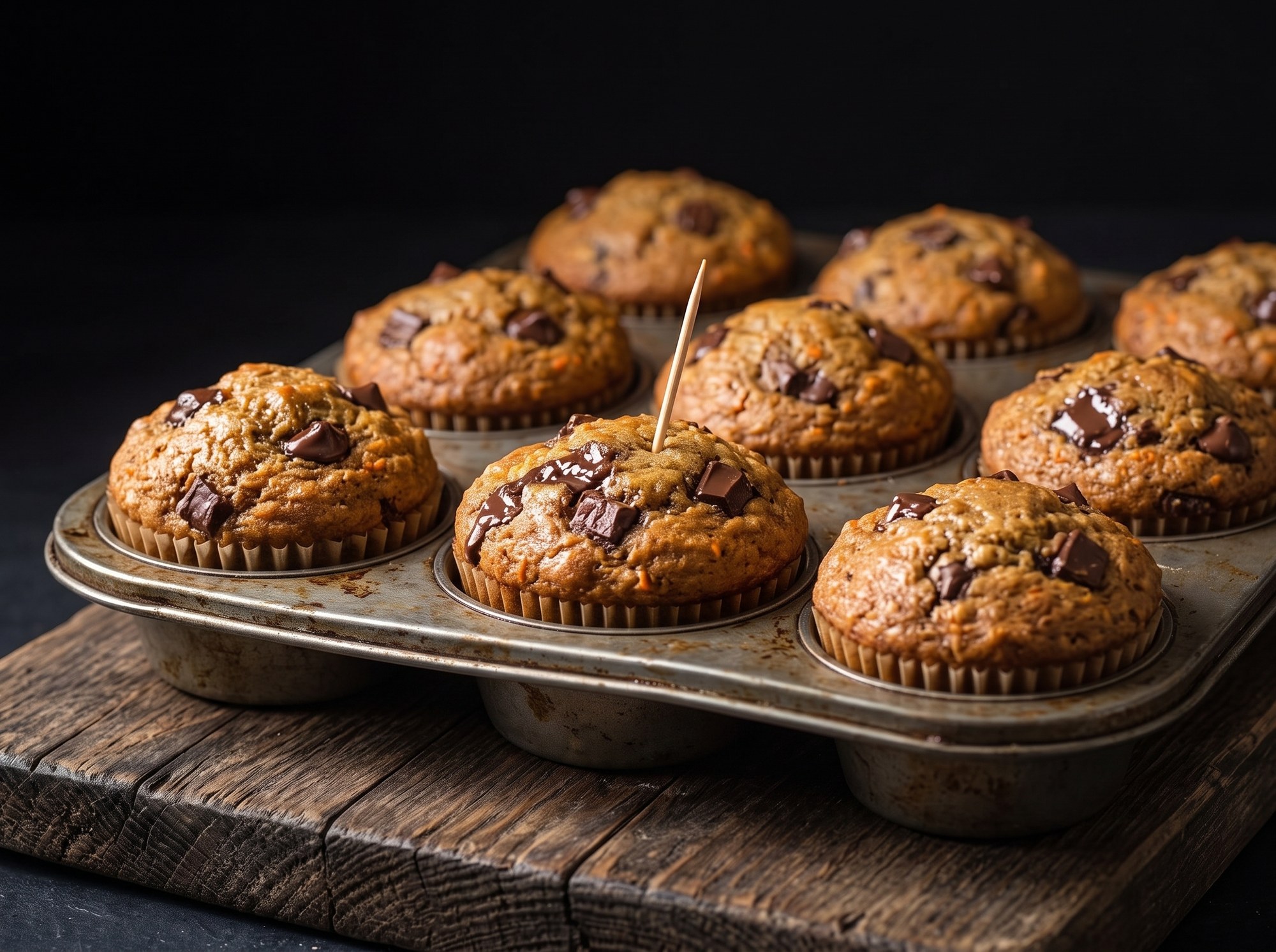 A muffin tin holds domed, golden-brown muffins studded with chocolate chunks, a toothpick standing upright in the center one, set on a wooden board.