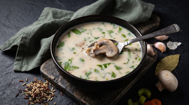 A dark bowl of creamy wild rice and mushroom soup topped with chopped parsley, with a spoon lifting a mushroom slice; garlic, a mushroom, celery, carrot, and dry wild rice sit nearby on a dark surface.