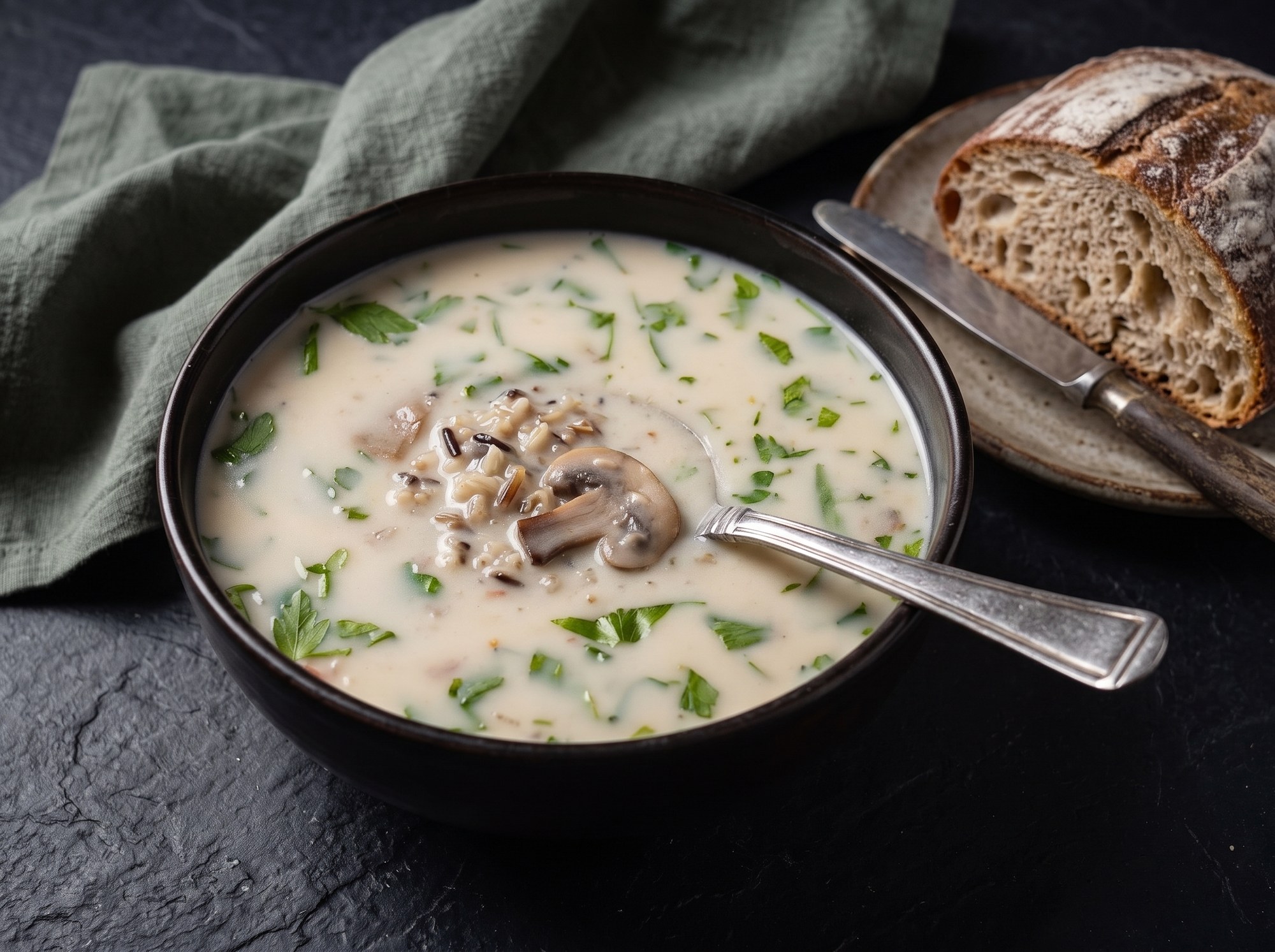 A dark bowl of creamy mushroom and wild rice soup topped with chopped parsley, a spoon resting inside, with a sliced crusty loaf on a plate alongside.