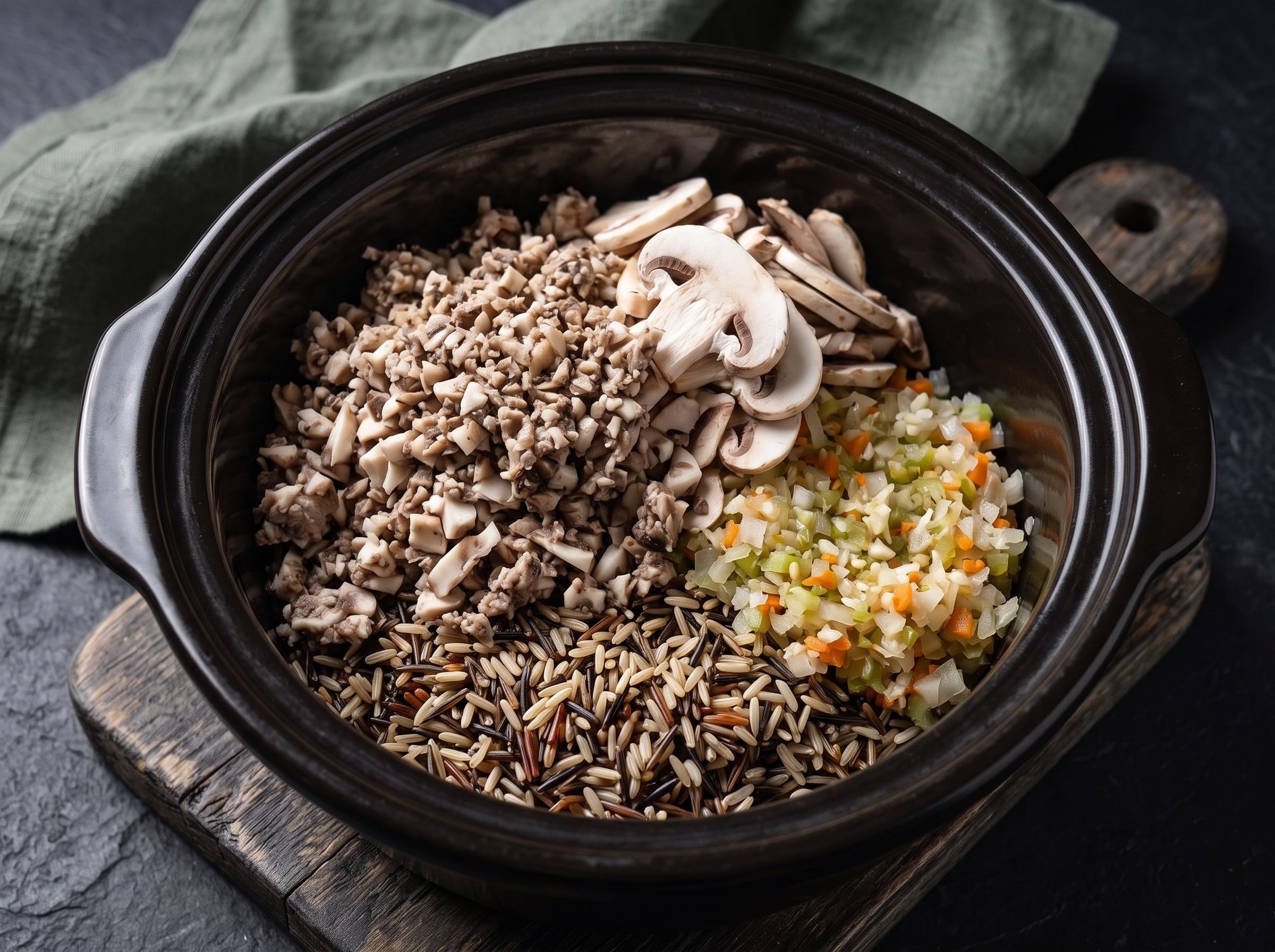 A dark slow cooker crock holds wild rice topped with chopped and sliced mushrooms and a pile of minced onion, celery, and carrot.