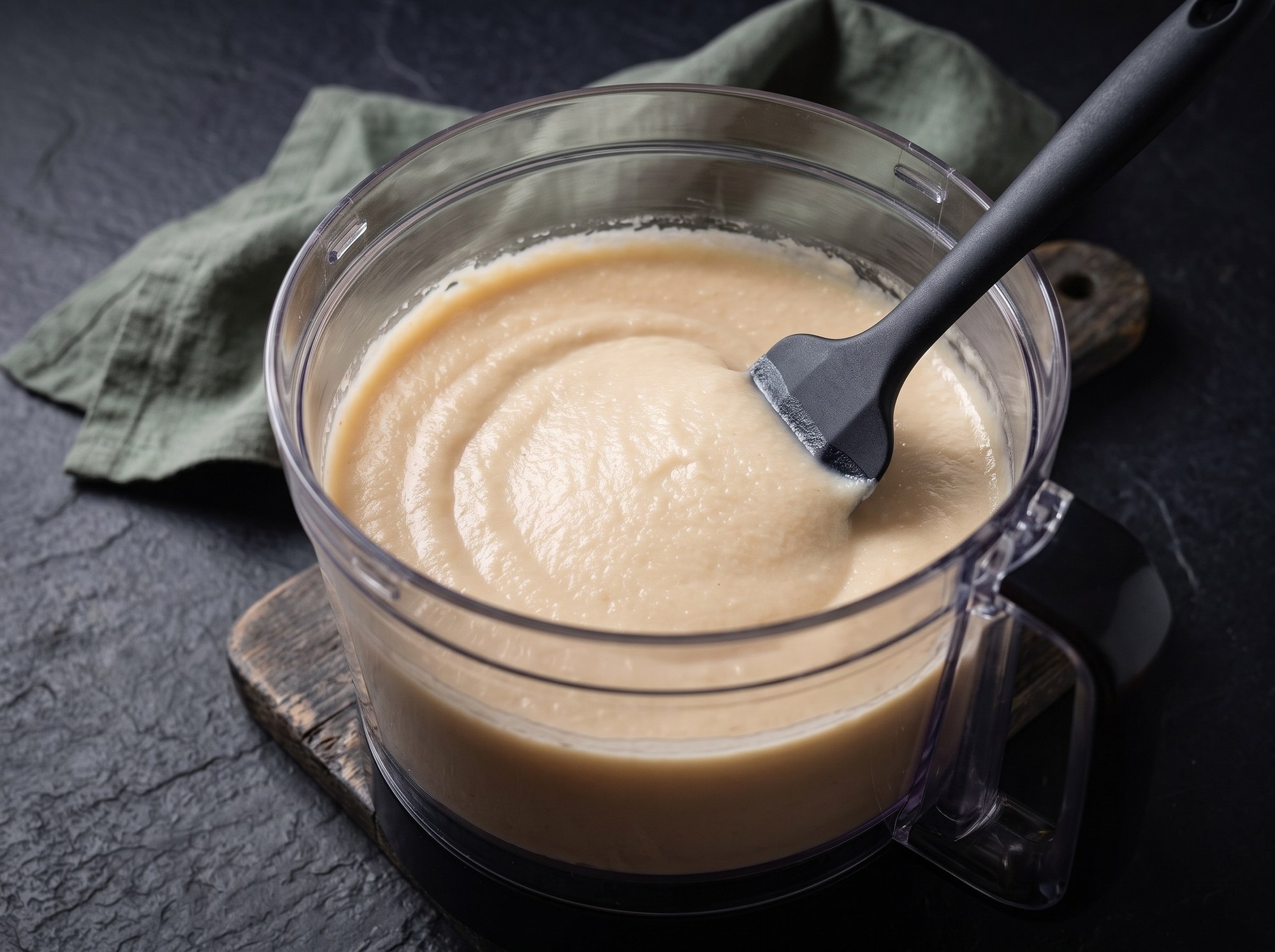 Smooth, pale beige bean puree in a food processor bowl with a black spatula, set on a dark countertop near a green cloth napkin.