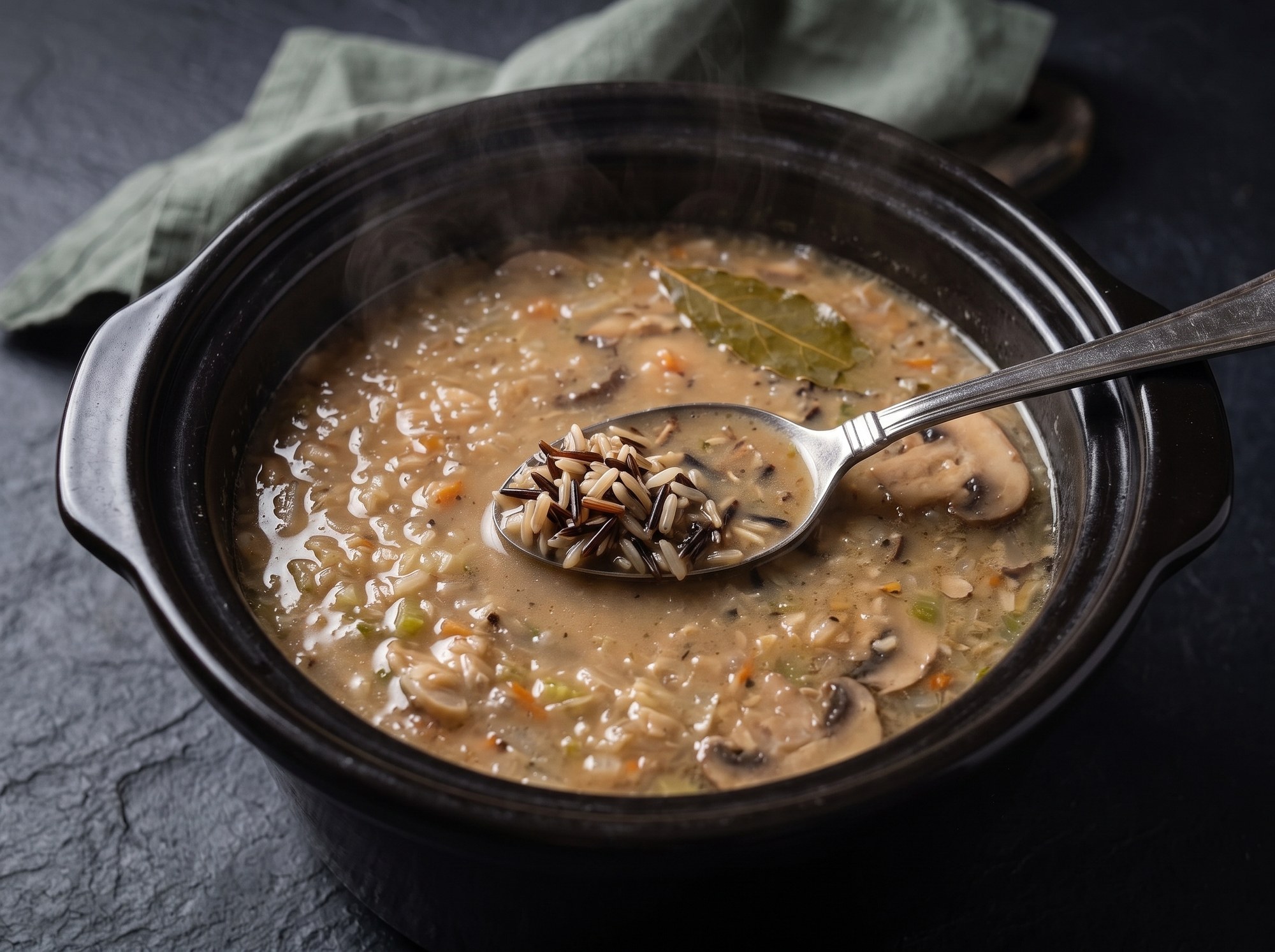 A dark pot of wild rice and mushroom soup with sliced mushrooms, carrots, and a bay leaf, a spoonful of wild rice held above the surface.