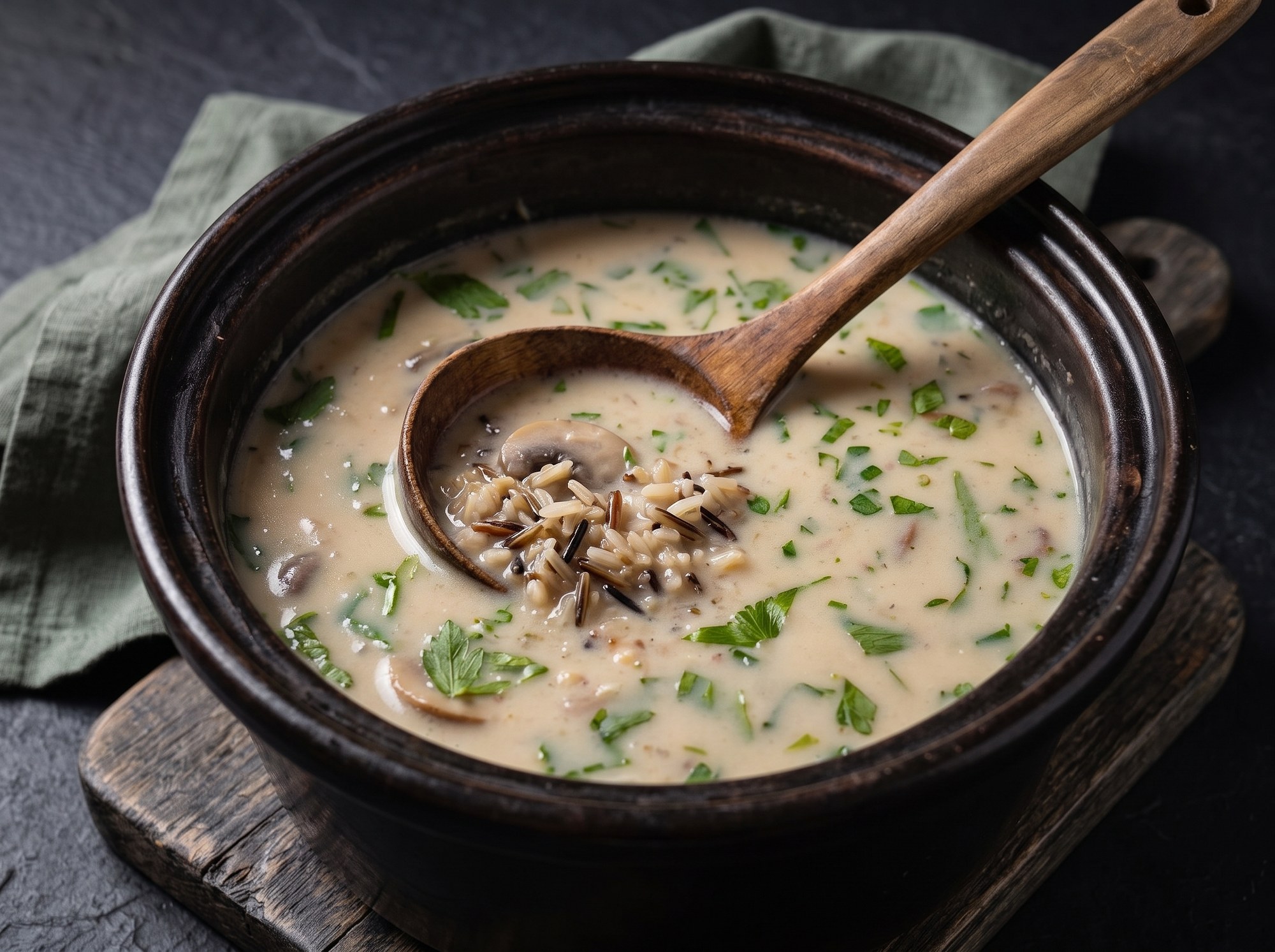 A dark crock holds creamy wild rice and mushroom soup with sliced mushrooms, rice grains, and chopped parsley, a wooden spoon resting inside.