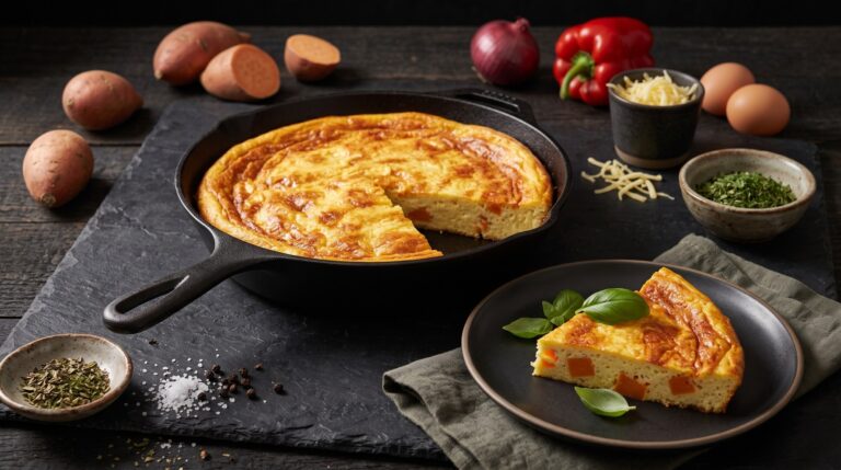 A baked frittata with diced sweet potato sits in a cast-iron skillet with a slice cut out, plated separately with fresh basil leaves alongside eggs, bell pepper, onion, and shredded cheese.