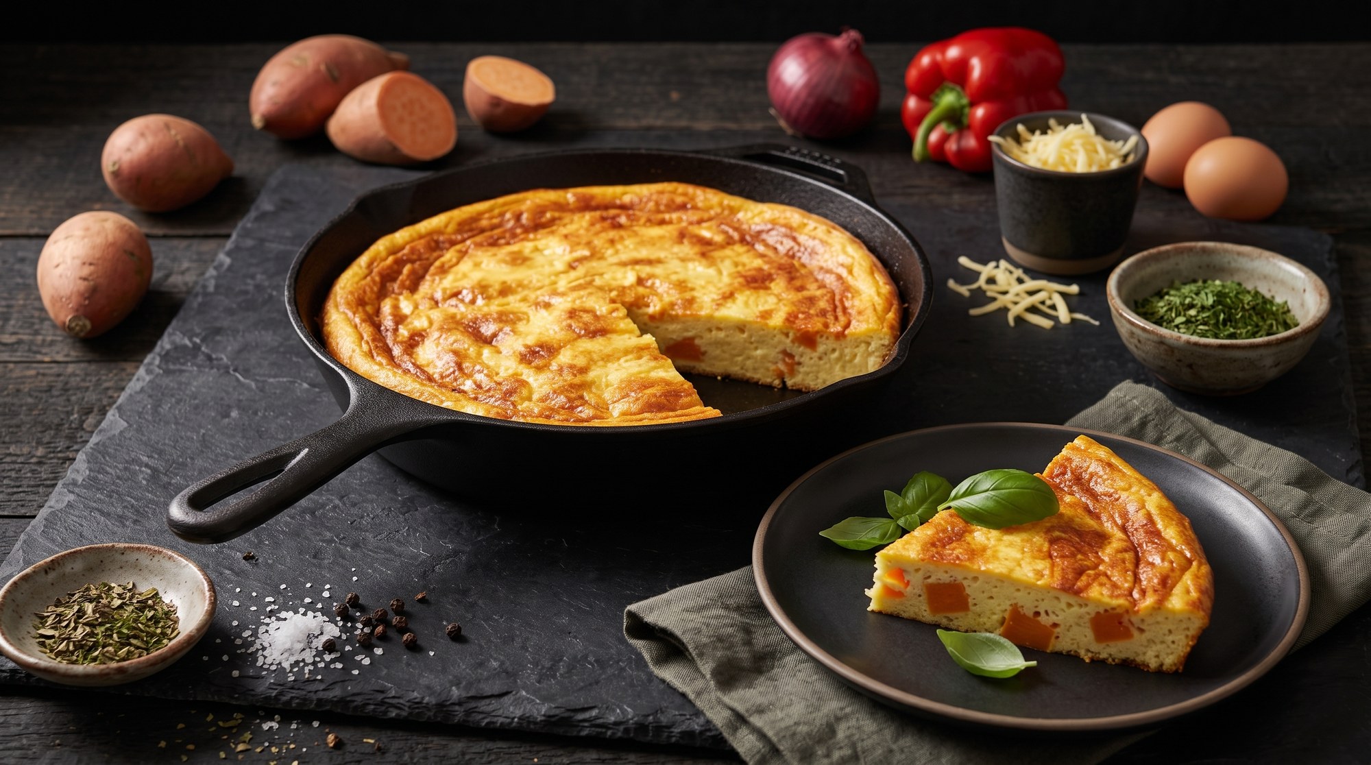 A baked frittata with diced sweet potato sits in a cast-iron skillet with a slice cut out, plated separately with fresh basil leaves alongside eggs, bell pepper, onion, and shredded cheese.