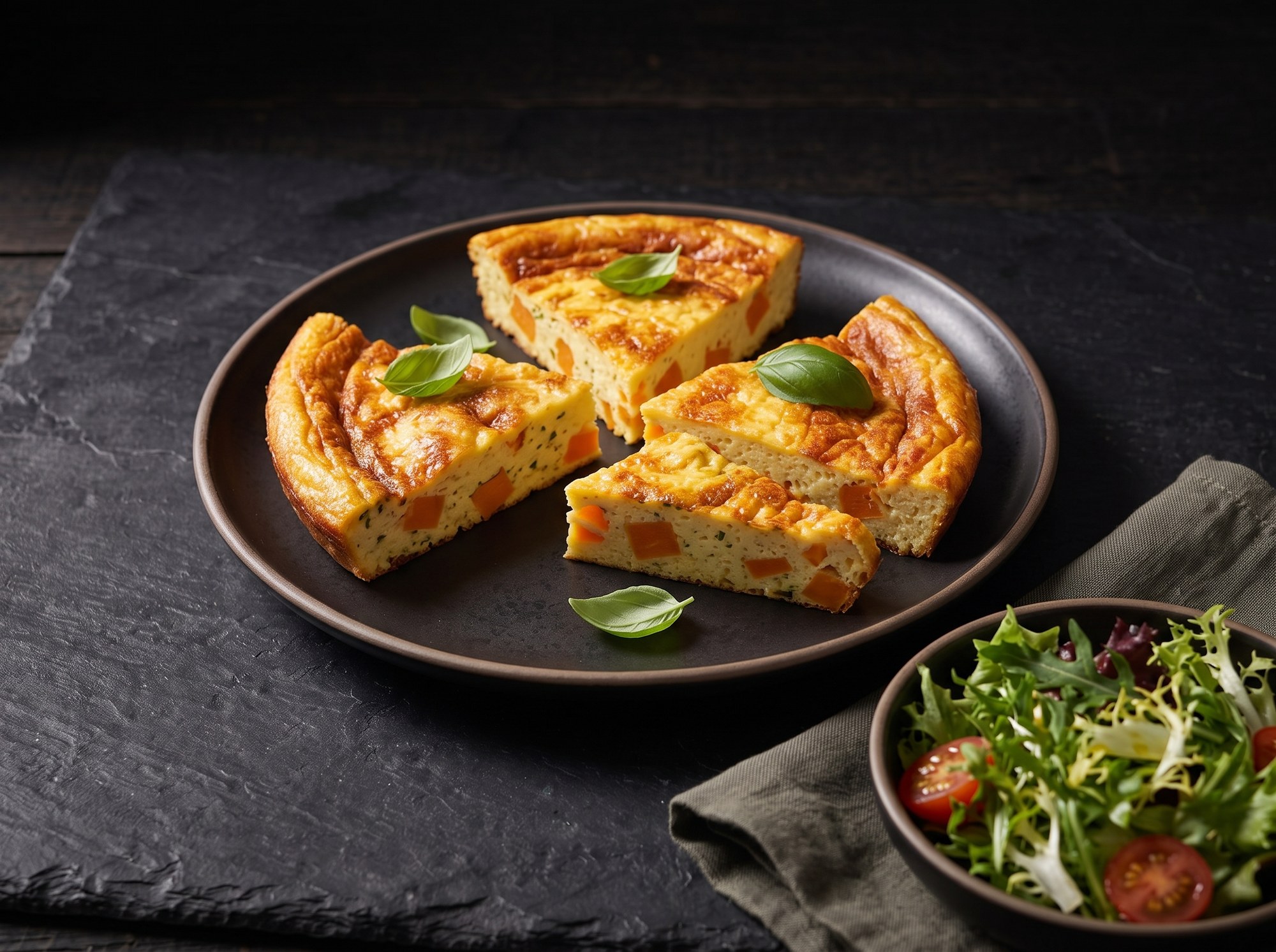 Three wedges of frittata studded with diced sweet potato sit on a dark plate garnished with basil leaves, next to a bowl of mixed greens and cherry tomatoes.