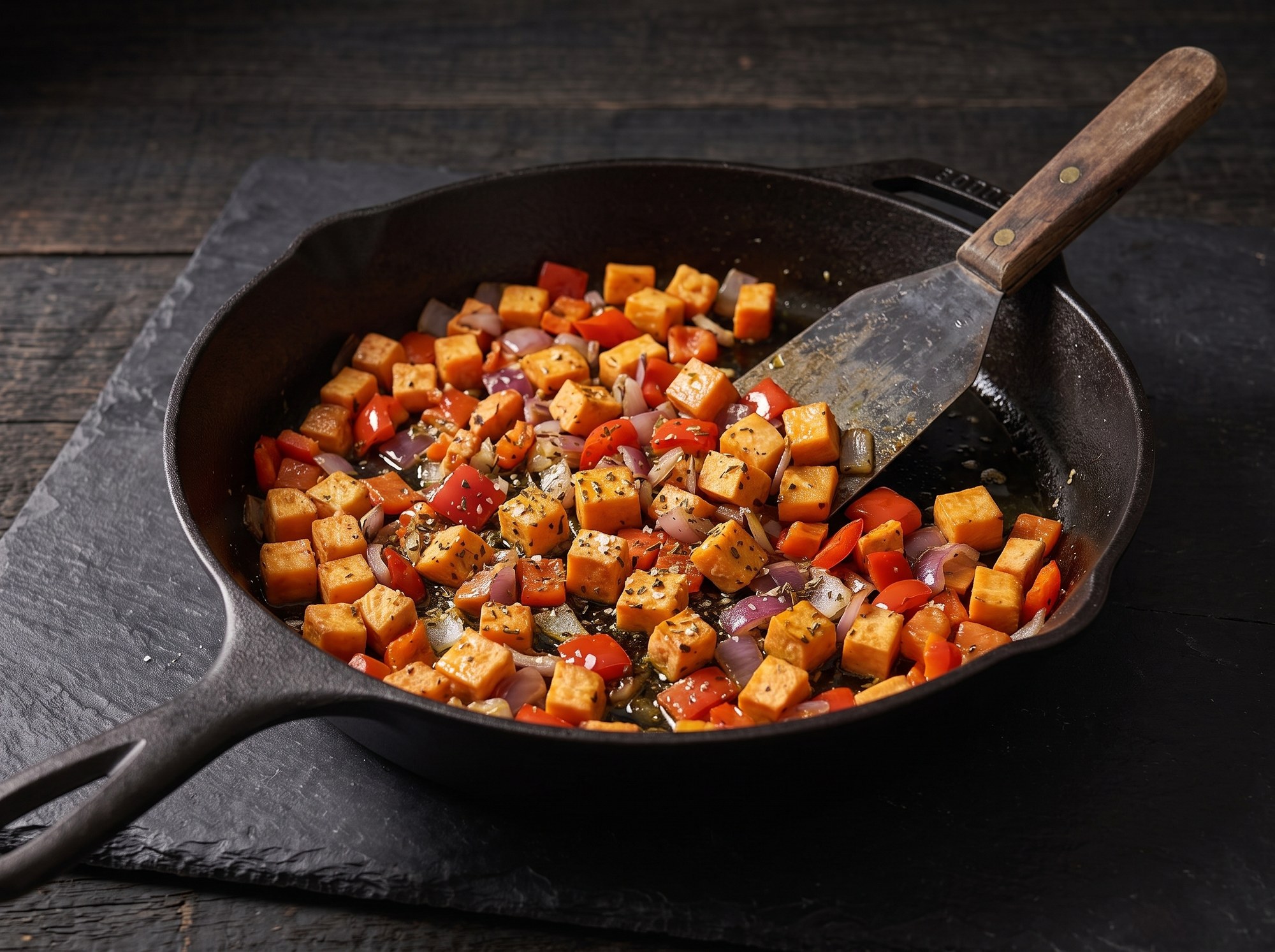 Cast-iron skillet with diced sweet potato, red bell pepper, and red onion seasoned with herbs, a metal spatula resting inside the pan.