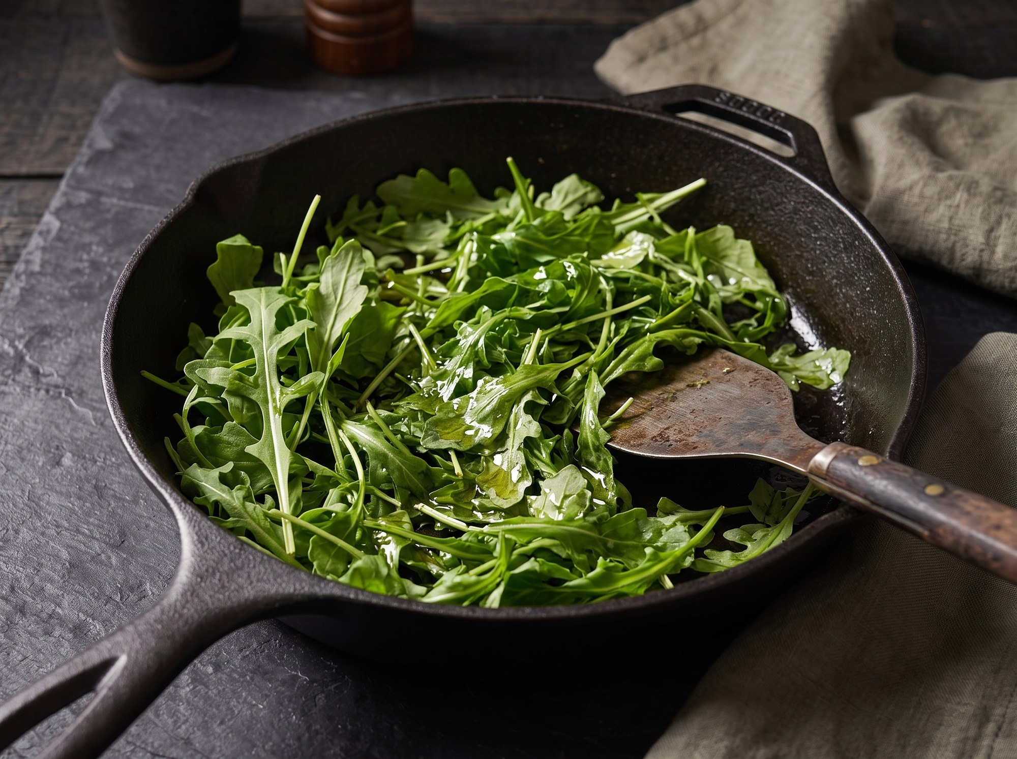 Cast iron skillet with wilting arugula leaves glossy with oil, a spatula resting among them on a dark surface.