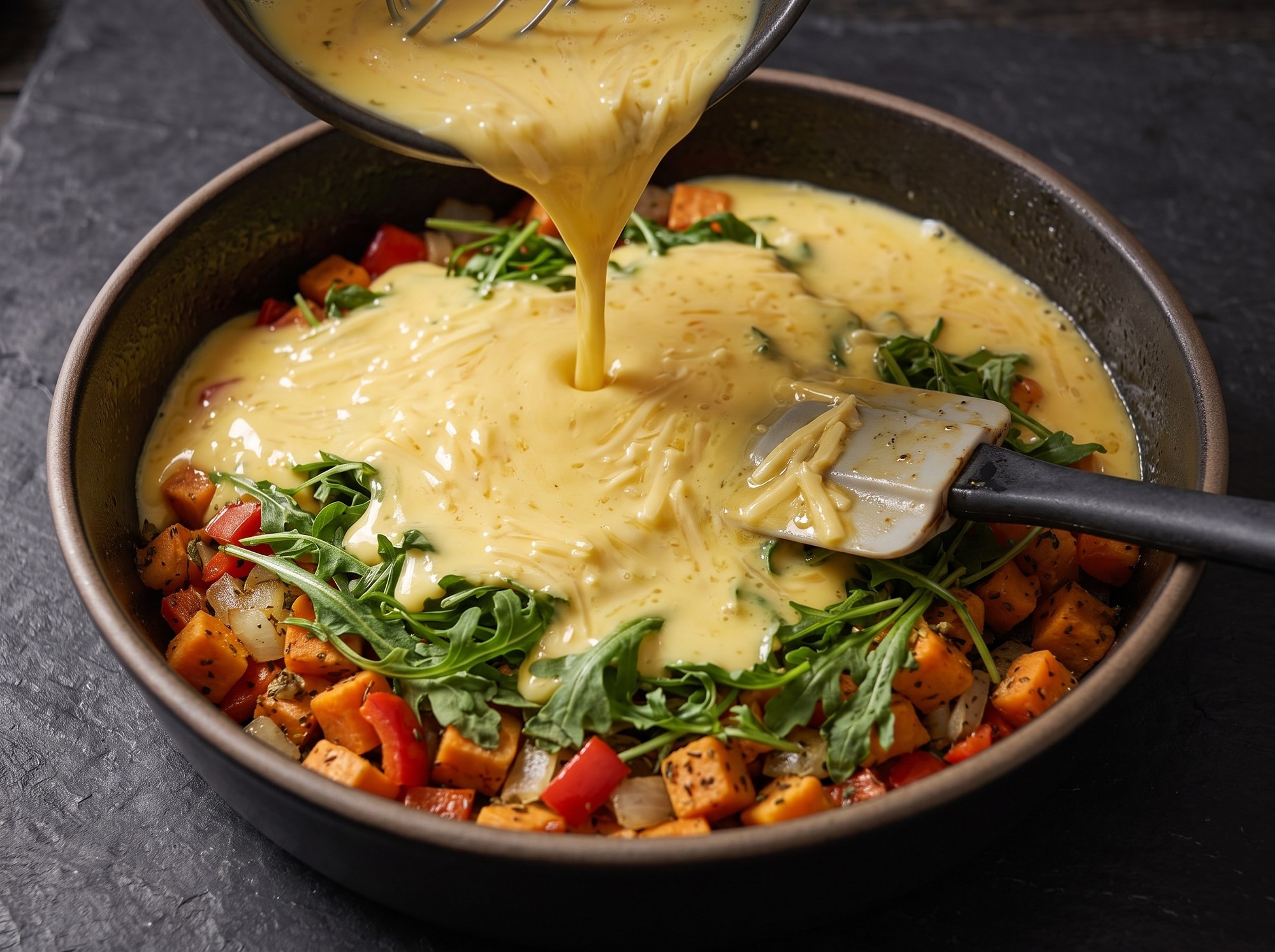 Beaten eggs with shredded cheese pouring into a skillet of diced sweet potatoes, red peppers, onions, and arugula, with a spatula resting inside.