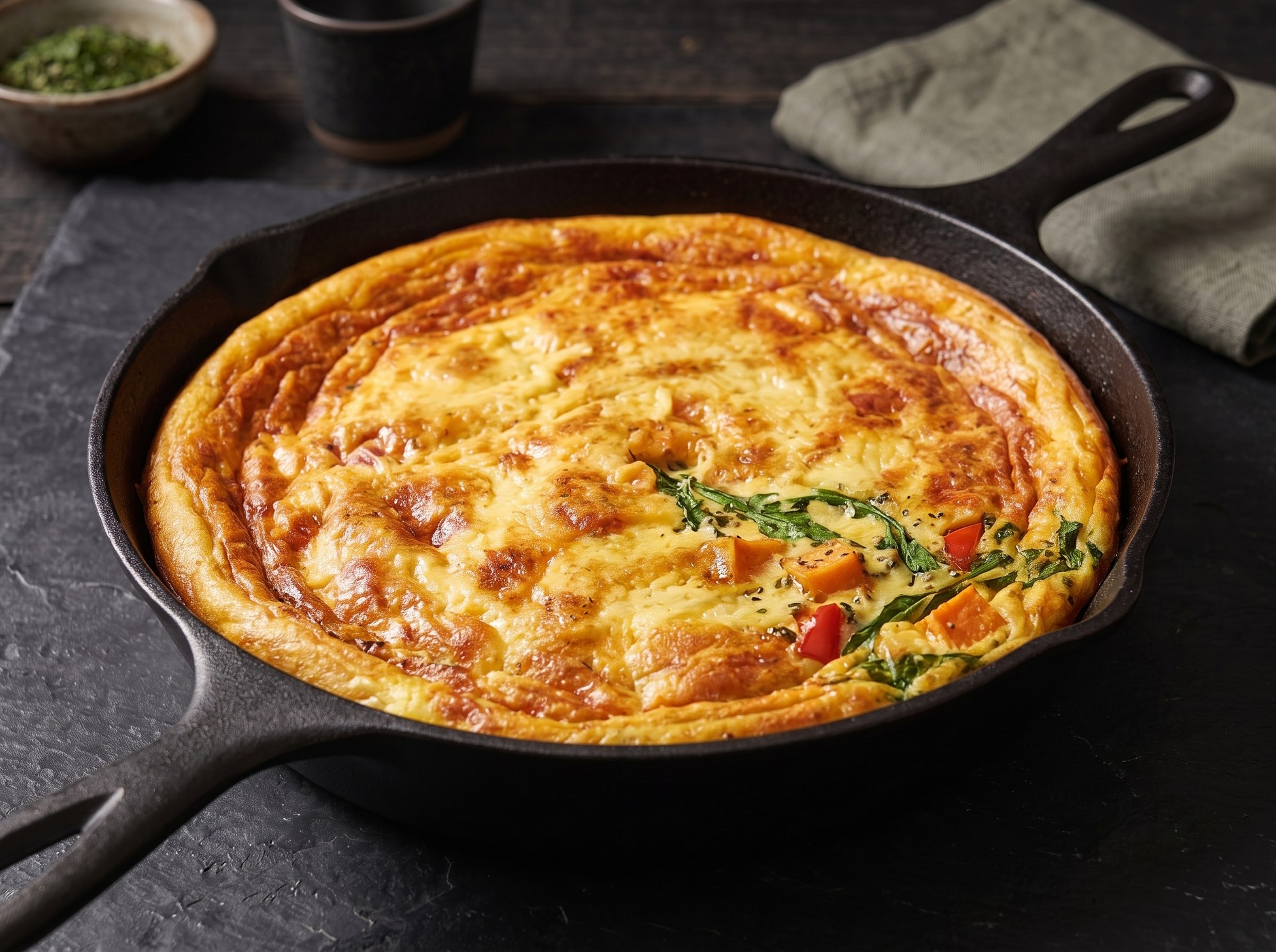A golden, cheese-topped frittata with visible diced sweet potato, red pepper, and greens sits in a cast iron skillet on a dark surface.